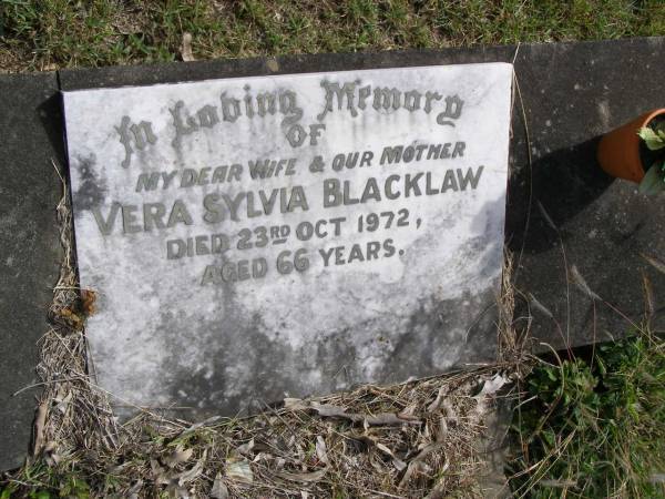 Vera Sylvia Blacklaw  | 23 Oct 1972, aged 66  | Woodhill cemetery (Veresdale), Beaudesert shire  |   | 