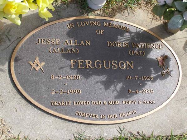 Jesse Allan (Allan) Ferguson  | b: 8 Feb 1920, d: 2 Feb 1999  | Doris Patience (Pat) Ferguson  | b: 19 Jul 1923, d: 8 Apr 1999  | Woodhill cemetery (Veresdale), Beaudesert shire  |   | 