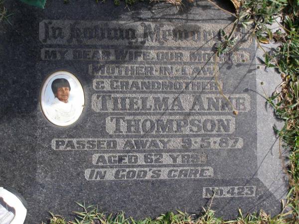 Thelma Anne Thompson  | 9 May 87, aged 62  | Woodhill cemetery (Veresdale), Beaudesert shire  |   | 