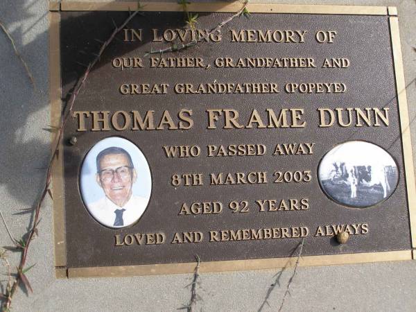 Thomas Frame Dunn  | 8 Mar 2003,aged 92  | Woodhill cemetery (Veresdale), Beaudesert shire  |   | 