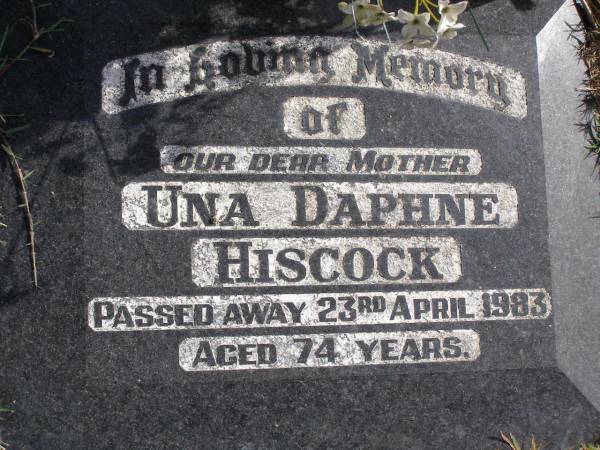 Una Daphne Hiscock  | 23 Apr 1983, aged 74  | Woodhill cemetery (Veresdale), Beaudesert shire  |   | 