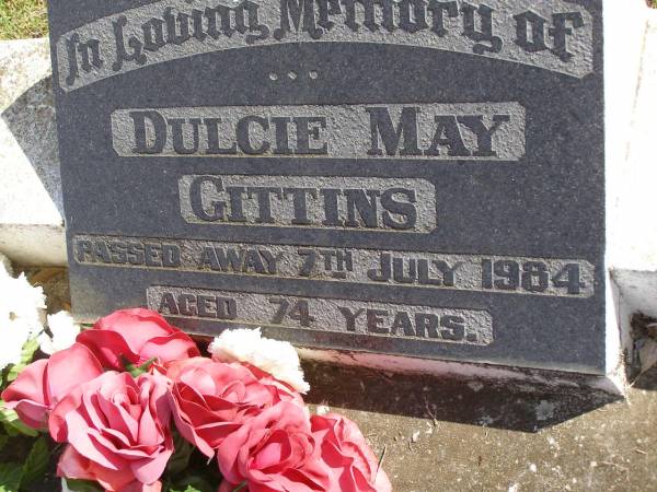 Dulcie May Gittins  | 7 Jul 1984, aged 74  | Woodhill cemetery (Veresdale), Beaudesert shire  |   | 