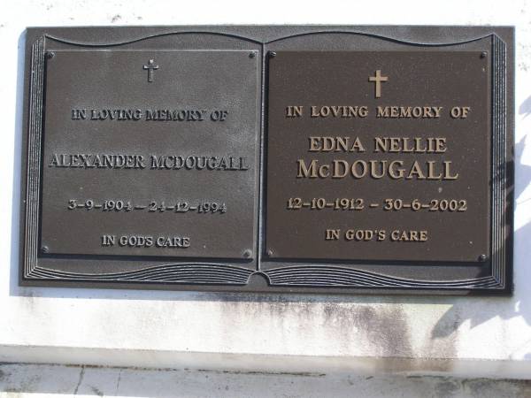 Alexander McDougall  | b: 3 Sep 1904, d: 24 Dec 1994  | Edna Nellie McDougall  | b: 12 Oct 1912, d: 30 Jun 2002  | Woodhill cemetery (Veresdale), Beaudesert shire  |   | 