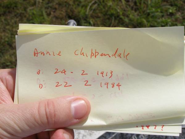 Annie Chippendale  | b: 24 Feb 1913, d: 22 Feb 1984  | Woodhill cemetery (Veresdale), Beaudesert shire  |   | 