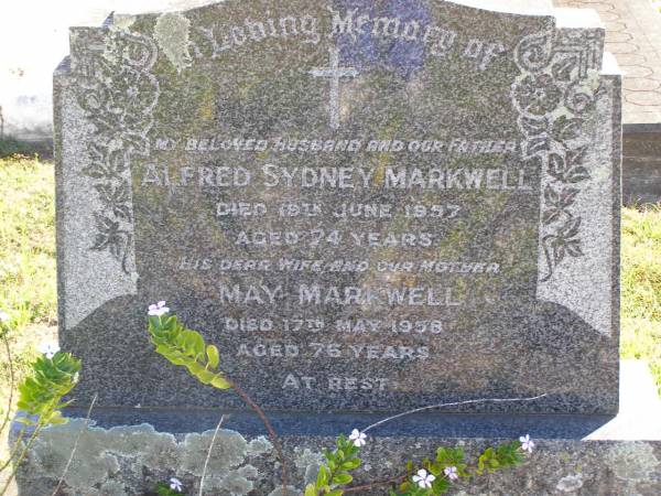 Alfred Sydney Markwell  | d: 19 Jun 1957, aged 74  | May Markwell  | 17 May 1958, aged 76  | Woodhill cemetery (Veresdale), Beaudesert shire  |   | 