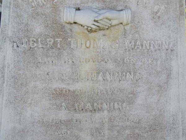 Robert Thomas Manning  | (son of S & H Manning, husband of A Manning)  | d: 14 Dec 1902, aged 33  | Woodhill cemetery (Veresdale), Beaudesert shire  |   | 