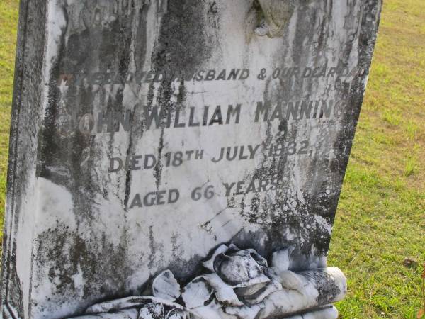 John William Manning  | 18 Jul 1932, aged 66  | Emily Manning  | 2 Apr 1941, aged 73  | Woodhill cemetery (Veresdale), Beaudesert shire  |   | 