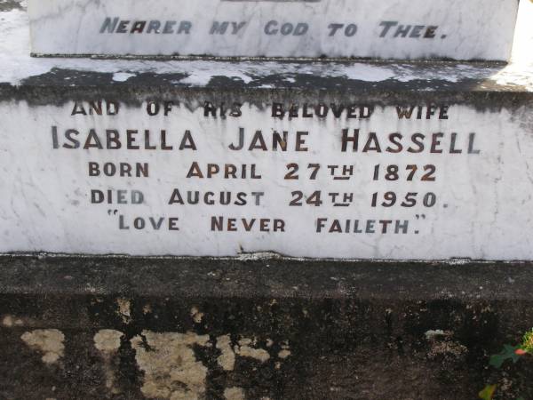 Lloyd Hassell  | b: 15 Jan 1859, d: 18 Jan 1917  | Isabella Jane Hassell  | b: 27 Apr 1872, d: 24 Aug 1950  | (younger daughter)  | Rhoda Margaret Lloyd  | b: 9 Mar 1903, d: 21 Sep 1983  | (daughter) Anne  | 3 Feb 1968, aged 76  | Woodhill cemetery (Veresdale), Beaudesert shire  |   | 