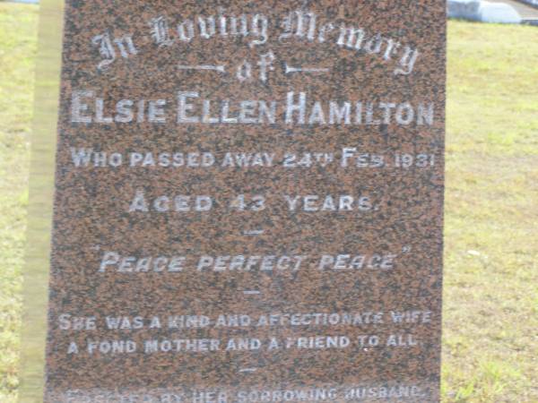 Elsie Ellen Hamilton  | d: 24 Feb 1931, aged 43  | (husband) Charles Matthew Hamilton  | d: 22 Jan 1959, aged 75  | Joyce Elizabeth Shuttleworth (nee Hamilton)  | 9 Dec 2005, aged 92  | John James Hamilton  | b: 12 Sep 1912, d: 27 Sep 1998  | (husband of Gwen,father of Oriel)  | Woodhill cemetery (Veresdale), Beaudesert shire  |   | 