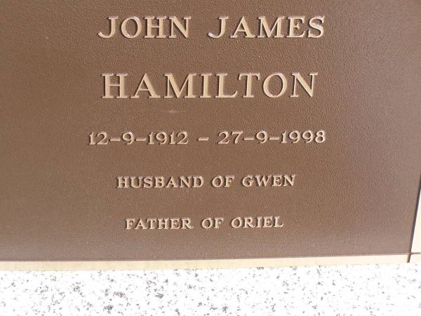 Elsie Ellen Hamilton  | d: 24 Feb 1931, aged 43  | (husband) Charles Matthew Hamilton  | d: 22 Jan 1959, aged 75  | Joyce Elizabeth Shuttleworth (nee Hamilton)  | 9 Dec 2005, aged 92  | John James Hamilton  | b: 12 Sep 1912, d: 27 Sep 1998  | (husband of Gwen,father of Oriel)  | Woodhill cemetery (Veresdale), Beaudesert shire  |   | 