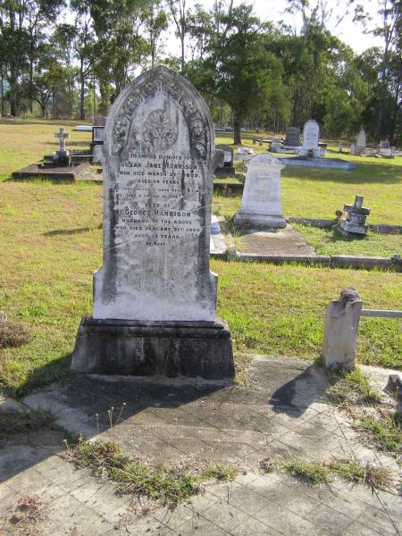 Susan Jane Harrison  | d: 27 Mar 1892, aged 54  | George Harrison  | d: 21 Jan 1904, aged 73  | Woodhill cemetery (Veresdale), Beaudesert shire  |   | 