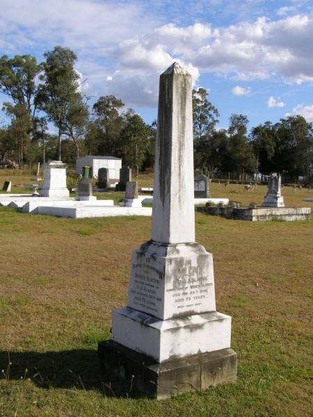 Moses Slater  | (husband of S A Slater)  | 20 Oct 1901, aged 73  | Sarah A Slater  | (wife of Moses Slater)  | 25 Feb 1906, aged 75  | Joseph  | (son of Moses and Sarah A Slater)  | 17 Nov 1889, aged 23  | Woodhill cemetery (Veresdale), Beaudesert shire  |   | 