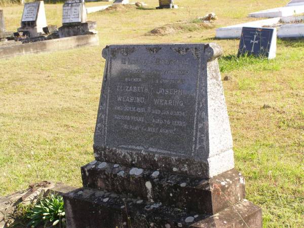 Elizabeth Wearing  | d: 13 Oct 1951, aged 69  | Joseph Wearing  | d: 6 Jan 1936, aged 78  | Woodhill cemetery (Veresdale), Beaudesert shire  |   | 