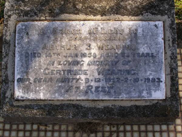 Arthur S Wearing  | d: 14 Jan 1958, aged 55  | Gertrude Wearing  | b: 9 Dec 1892, d: 2 Oct 1983  | Woodhill cemetery (Veresdale), Beaudesert shire  |   | 