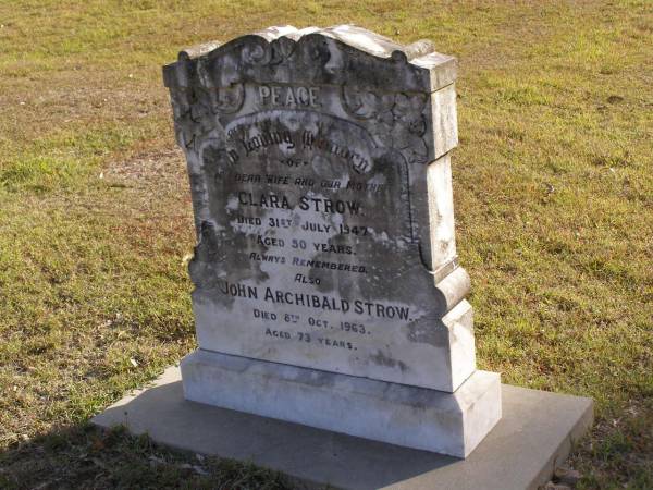 Clara Strow  | 31 Jul 1947, aged 50  | John Archibald Strow  | 8 Oct 1963, aged 73  | Woodhill cemetery (Veresdale), Beaudesert shire  |   | 