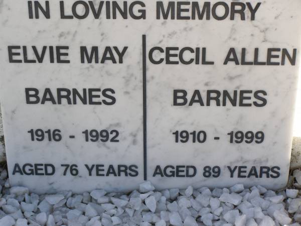 (son) Noel Cecil Barnes  |   | Elvie May Barnes  | b: 1916, d: 1992, aged 76  | Cecil Allen Barnes  | b: 1910, d: 1999, aged 89  |   | Woodhill cemetery (Veresdale), Beaudesert shire  |   | 