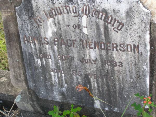 Agnes Page Henderson  | 30 Jul 1933, aged 85  | Woodhill cemetery (Veresdale), Beaudesert shire  |   | 