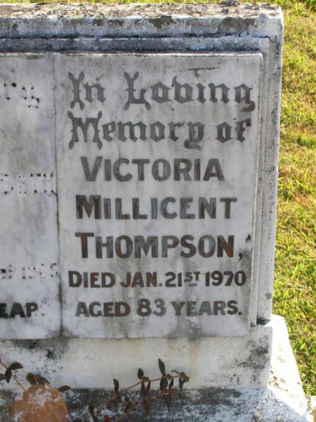Annie Elizabeth Smith  | 22 Sep 1965, aged 75  | Victoria Millicent Thompson  | 21 Jan 1970, aged 83  | Woodhill cemetery (Veresdale), Beaudesert shire  |   | 