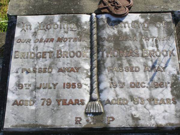 Bridget Brook  | 9 Jul 1959, aged 79  | Thomas Brook  | 19 Dec 1961, aged 83  | Woodhill cemetery (Veresdale), Beaudesert shire  |   | 