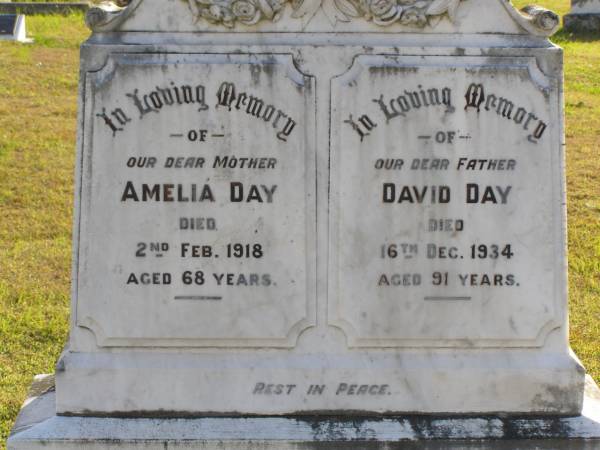 Amelia Day  | 2 Feb 1918, aged 68  | David Day  | 16 Dec 1934, aged 91  | Woodhill cemetery (Veresdale), Beaudesert shire  |   | 