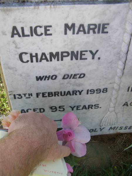 Alice Marie Champney  | 13 Feb 1998, aged 95  | Thomas Stephen Champney  | 11 Aug 1964, aged 67  | Woodhill cemetery (Veresdale), Beaudesert shire  |   | 