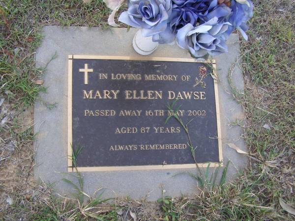 Mary Ellen Dawse  | 16 May 2002, aged 87  | Woodhill cemetery (Veresdale), Beaudesert shire  |   | 