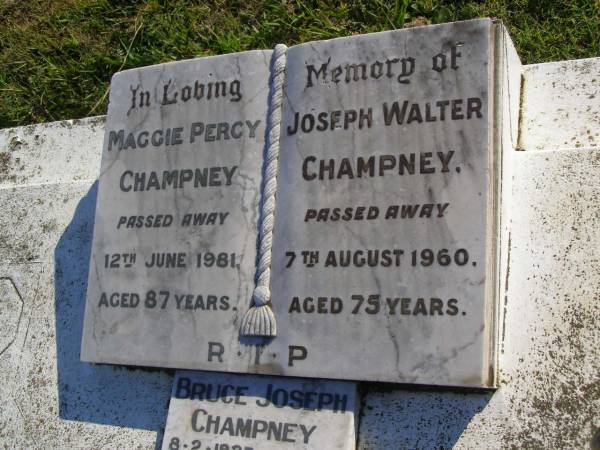 Maggie Percy Champney  | 12 Jun 1981,aged 87  | Joseph Walter Champney  | 7 Aug 1960, aged 75  | Bruce Joseph Champney  | b: 8 Feb 1923, d: 14 Dec 1995  | Violet May Hurle  | b: 1 Jul 1916, d: 31 Mar 2001  | Woodhill cemetery (Veresdale), Beaudesert shire  |   | 