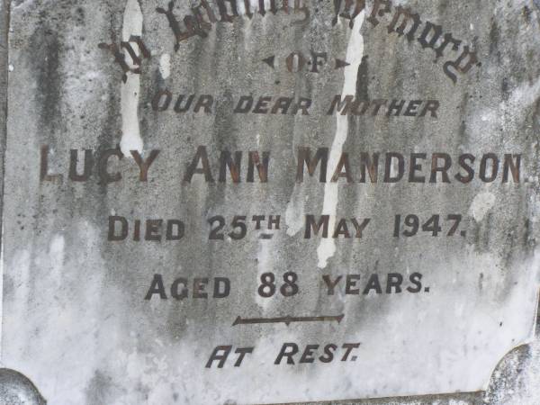 Lucy Ann Manderson  | 25 May 1947, aged 88  | Woodhill cemetery (Veresdale), Beaudesert shire  |   | 