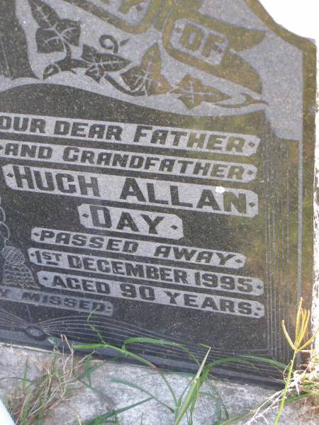 Margaret Day  | 15 Oct 1968, aged 62  | Hugh Allan Day  | 1 Dec 1995, aged 90  | Woodhill cemetery (Veresdale), Beaudesert shire  |   | 