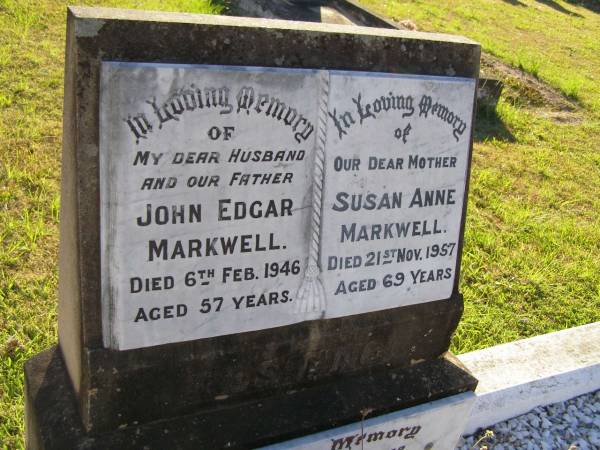 John Edgar Markwell  | 6 Feb 1946, aged 57  | Susan Anne Markwell  | 21 Nov 1957, aged 69  |   | Alfred John Markwell  | 1913 - 1973  |   | Marie Hannah Markwell  | 1914 - 1996  |   | Woodhill cemetery (Veresdale), Beaudesert shire  |   | 