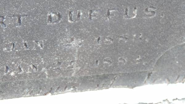 Janet DUFFUS wife of R DUFFUS  | b: 30 Sep 1862  | d: 9 Jan 1883  |   | Robert DUFFUS  | b: 20 Jan 1882  | d: 23 Jan 1884  |   | Yandilla All Saints Anglican Church with Cemetery  |   | 