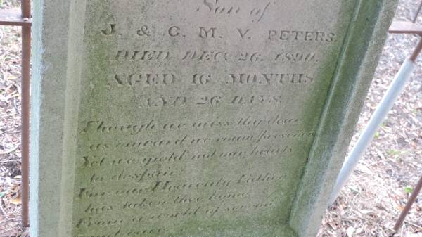 George Thomas PETERS  | son of J and C.M.V. PETERS  | d: 26 Dec 1890 aged 16 mo and 26 days  |   | Yandilla All Saints Anglican Church with Cemetery  |   |   | 