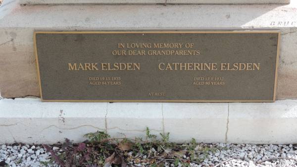 Mark ELSDEN  | d: 19 Nov 1935 aged 84  |   | Catherine ELSDEN  | d: 12 Jan 1932 aged 80  |   | Yandilla All Saints Anglican Church with Cemetery  |   | 