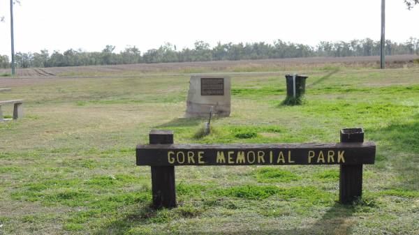 This cairn commemorates the original pioneers of Yandilla, George Richard GORE and his brother Ralph Thomas who were the first permanent white persons to take up this stretch of country on the Darling Downs arriving in October 1841.  | They called this place Grass Tree Creek abd then Yandilla. This then formed the most westerly point of settlement on the Darling Downs. The GORE brothers and the ensuing generations expanded Yandilla to cover 688 square miles. The family developed Yandilla and retained occupancy until 1911.  | This is a bicentennial project of the Tummaville branch of the Q.C.W.A. and was funded by the Australian Bicentennial Authority. This cairn was unveiled by a descendant of the GORE family on 16 April, 1988  |   | GORE Memorial Park  |   | 