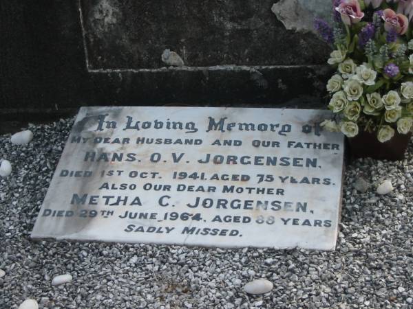 Hans O.V. JORGENSEN  | d: 1 Oct 1941 aged 75  |   | Metha C JORGENSEN  | d: 29 Jun 1964 aged 88  |   | Yandina Cemetery  |   |   | 