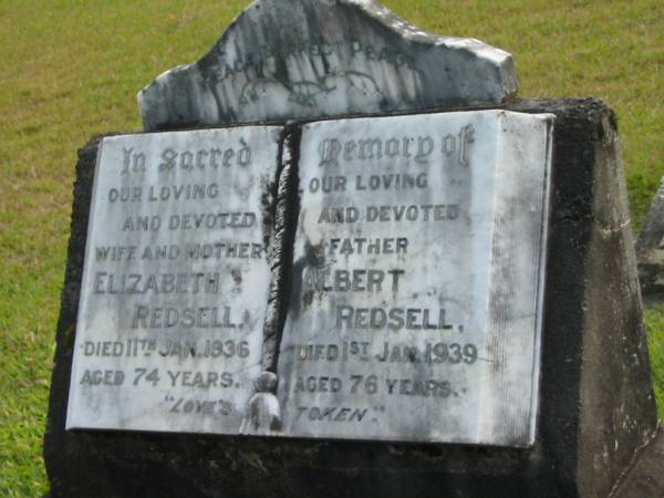 Elizabeth REDSELL  | d: 11 Jan 1936 aged 74  |   | Albert REDSELL  | d: 1 Jan 1939 aged 76  |   | Yandina Cemetery  |   | 