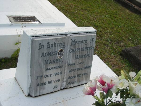 Agnes MARSH  | d: 7 Oct 1944 aged 66  |   | Charles Henry MARSH  | d: 29 Dec 1965 aged 92  |   | Eric Charles MARSH  | b: 11 Oct 1906  | d: 2 Feb 1985  | cremated Buderim  |   | Yandina Cemetery  |   | 