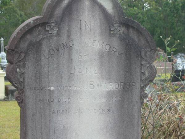 Jane WARDROP  | d: 12 Jan 1921 aged 50  | wife of J B WARDROP  |   | Yandina Cemetery  | 