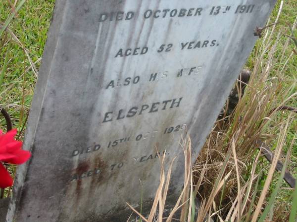 William GALT  | d: 13 Oct 1911 aged 52  |   | wife  | Elspeth GALT  | d: 15 Oct 1926 aged 70  |   | Yandina Cemetery  | 