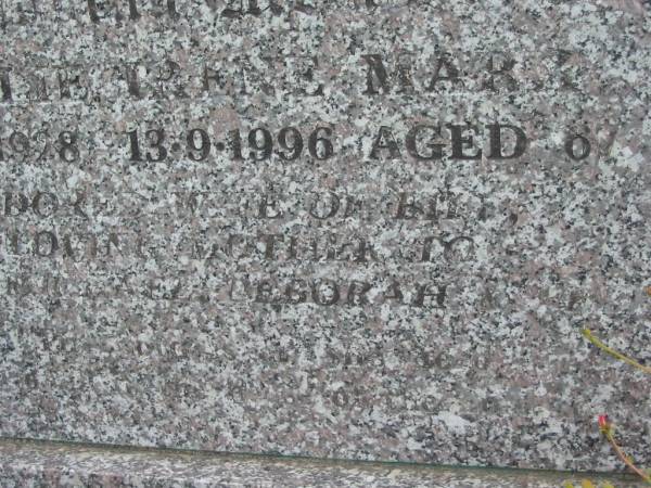 Billie Irene MARX  | b: 21 Dec 1928  | d: 13 Sep 1996 aged 67  | wife of Bill  | mother to  Michael ?,  Deborah, Peter, ?  |   | Yandina Cemetery  |   | 