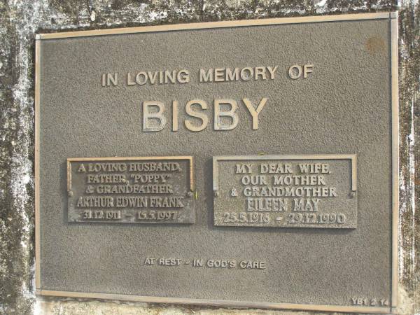 Arthur Edwin Frank BISBY  | b: 31 Dec 1911  | d: 15 May 1997  |   | wife  | Eileen May BISBY  | b: 25 May 1916  | d: 29 12 1990  |   | Yandina Cemetery  |   | 