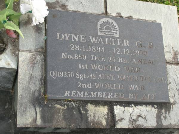 Walter G.B. DYNE  | b: 28 Jan 1894  | d: 12 Dec 1978  |   | remembered by Alf  |   | Yandina Cemetery  | 