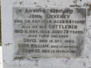 John DEVENEY, died 28 Sept 1928 aged 84 years; Gottleben, wife, died 8 Nov 1932 aged 75 years; children; David, died 16 Dec 1903; Hugh William, died in infancy; George, died 15 March 1911; Yangan Anglican Cemetery, Warwick Shire 