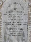 Joseph RIGBY, died 9 Nov 1904 aged 72 years; Elizabeth RIGBY, died 20 Oct 1921 aged 84 years; Yangan Anglican Cemetery, Warwick Shire 