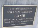 William Dawson LAMB, born Warwick 2 Nov 1907 died 1 Nov 1995; Yangan Anglican Cemetery, Warwick Shire 
