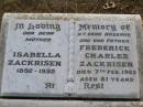 
Isabella ZACKRISEN,
mother,
1892 - 1992;
Frederick Charles ZACKRISEN,
husband father,
died 7 Feb 1965 aged 81 years;
Yangan Anglican Cemetery, Warwick Shire
