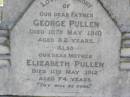 George PULLEN, father, died 10 May 1910 aged 82 years; Elizabeth PULLEN, mother, died 11 May 1912 aged 74 years; Yangan Anglican Cemetery, Warwick Shire 