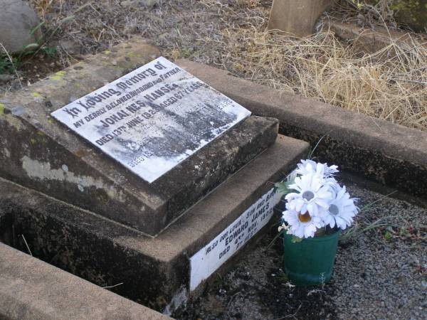 Johannes HANSEN,  | husband father,  | died 13 June 1923 aged 67 years;  | Bertha HANSEN,  | wife,  | died 18 May 1948 aged 86 years;  | Edward James,  | son brother,  | died 4 Nov 1902;  | Yangan Anglican Cemetery, Warwick Shire  | 