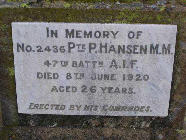 P. HANSEN,  | died 8 June 1920 aged 26 years;  | Yangan Anglican Cemetery, Warwick Shire  | 