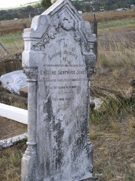 Eveline Gertrude JONES,  | daughter sister,  | died 15 Oct 1918 aged 38 years 10 months;  | Yangan Anglican Cemetery, Warwick Shire  | 